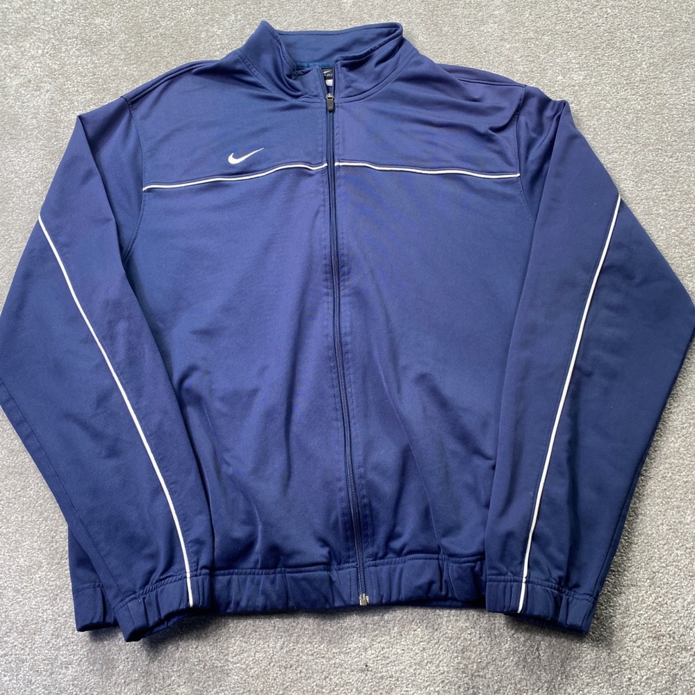 Nike Track Jacket Mens XXL Navy Blue Dri-FIT Full Zip Piping Mock Neck